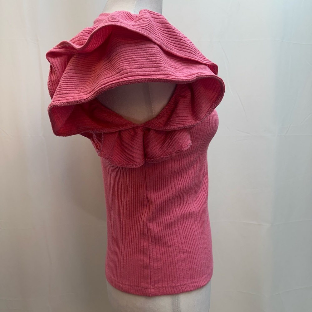 Zara Pink Ribbed Short Sleeve Ruffle Top - Picture 3 of 6
